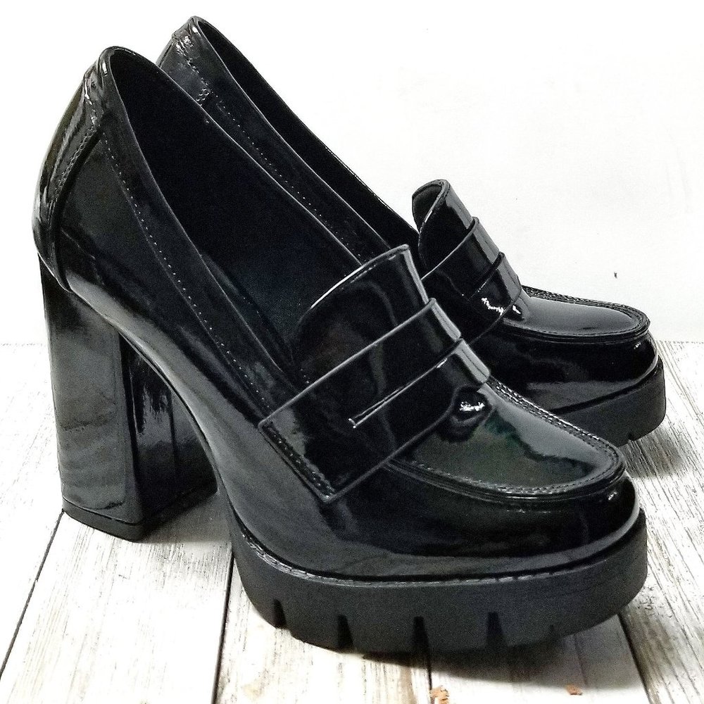 New Black Patent Platform Chunky High Heel Penny Loafers Size 5.5 - Picture 3 of 5